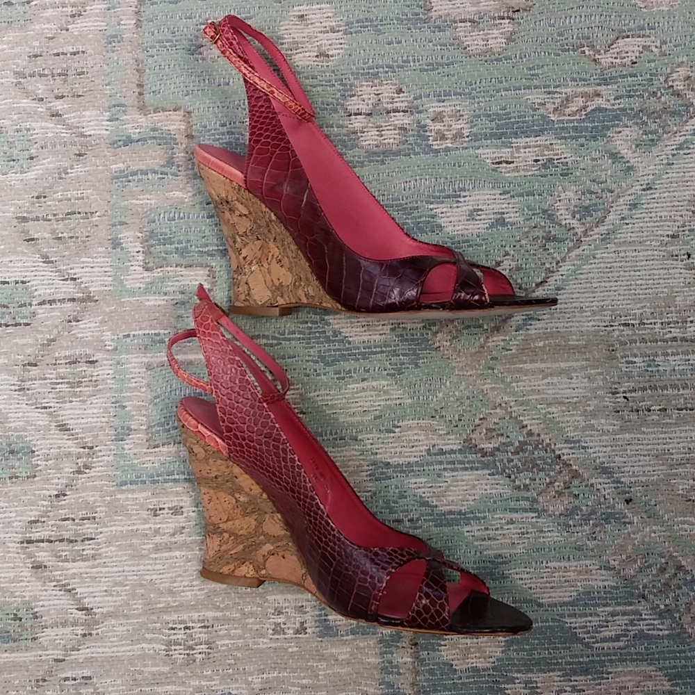 Zara Cranberry Crocodile and Cork Wedges - Picture 3 of 13